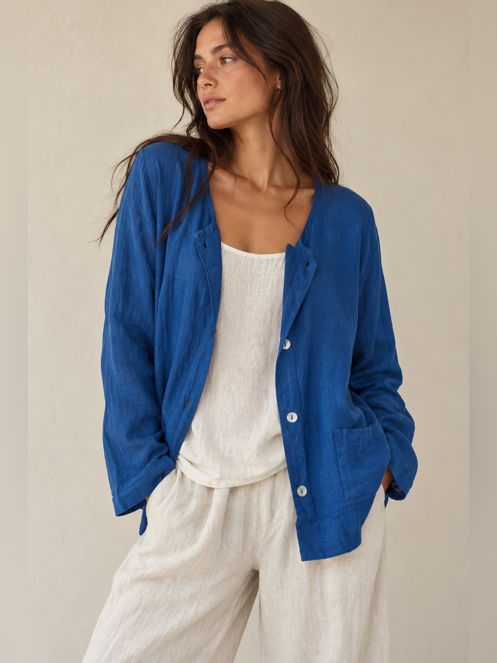 FLAX 100% Linen Blue Button Front Lagenlook Cardigan Top L